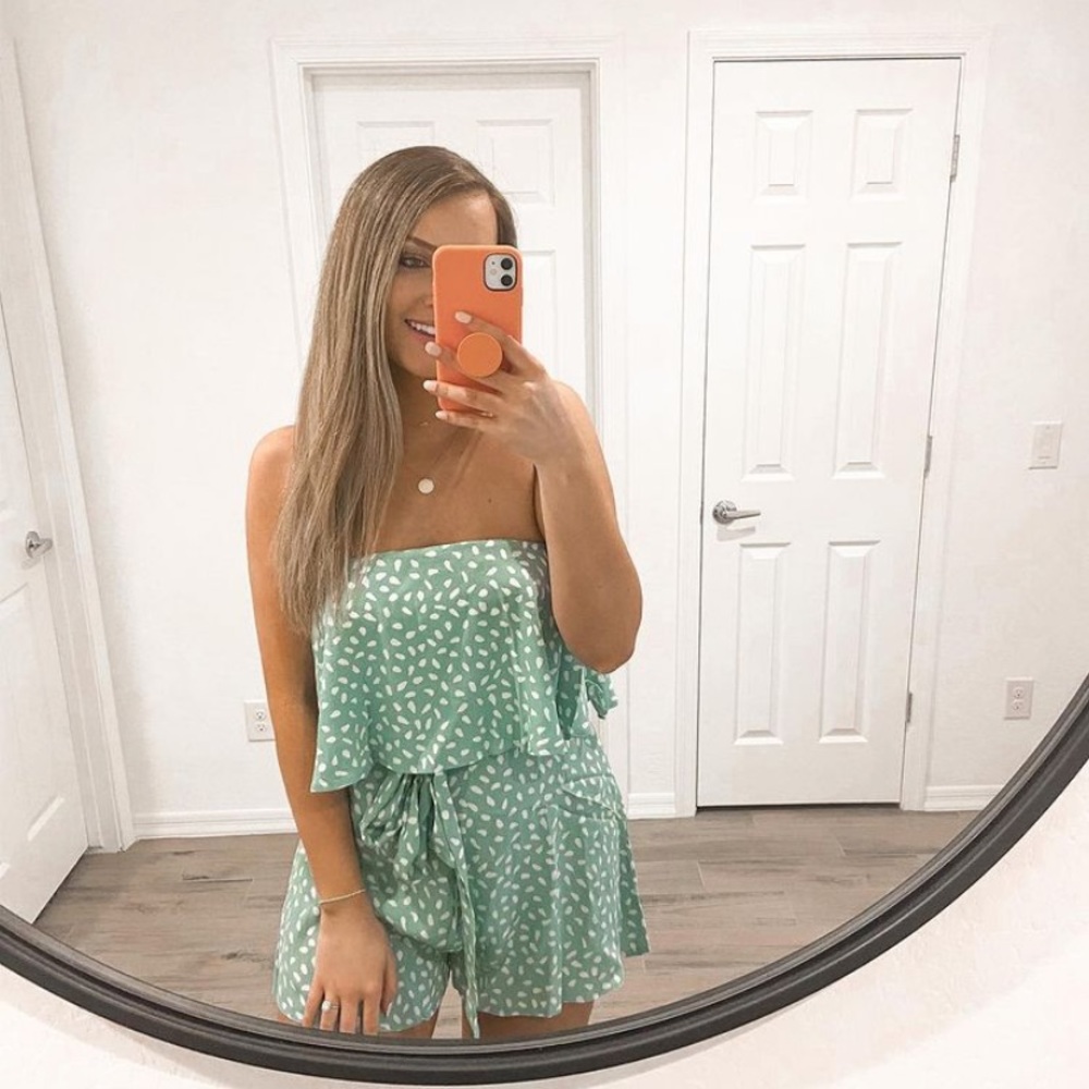 Pink Lily Aqua Strapless Printed Romper